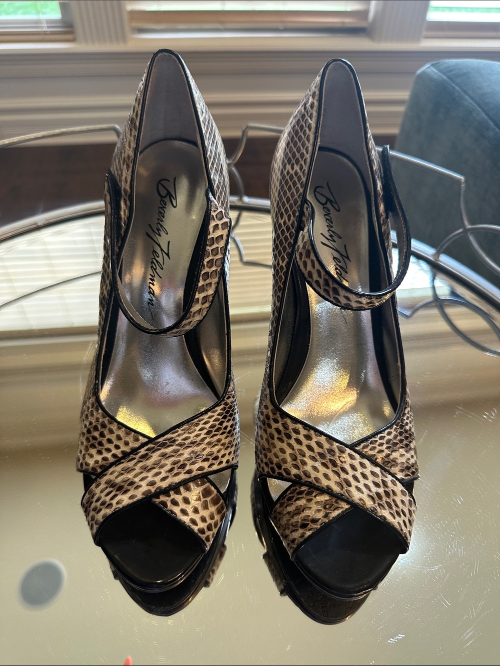 Beverly Feldman Taupe Snake-Print Mary Jane Peep-Toe Heels